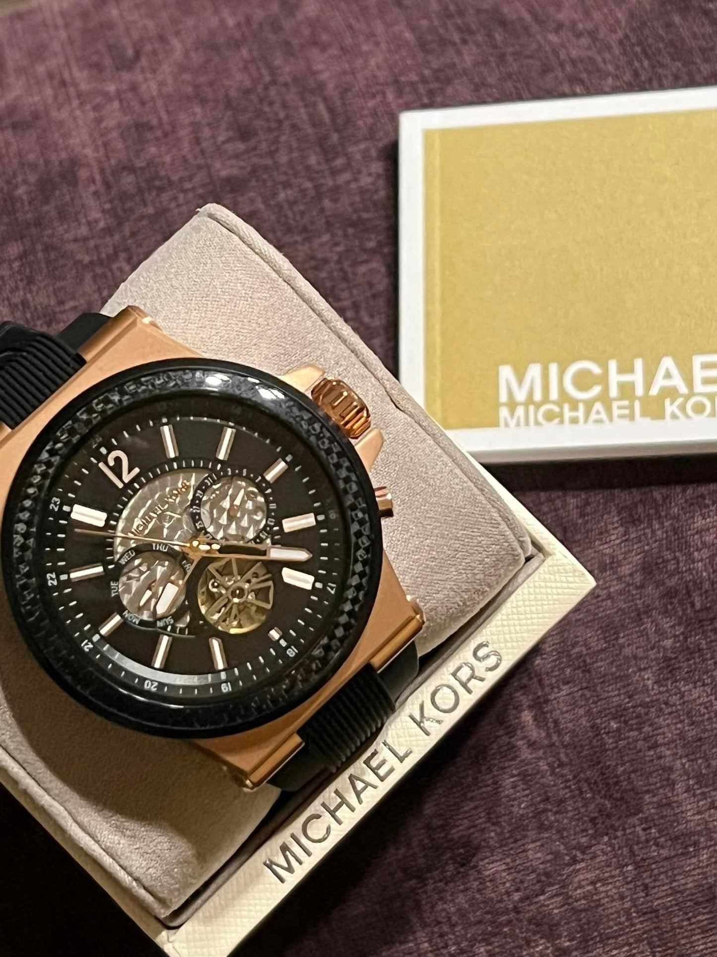 Michael Kors Men’s Dylan Automatic Rose Gold-Tone with Black Silicone Strap
