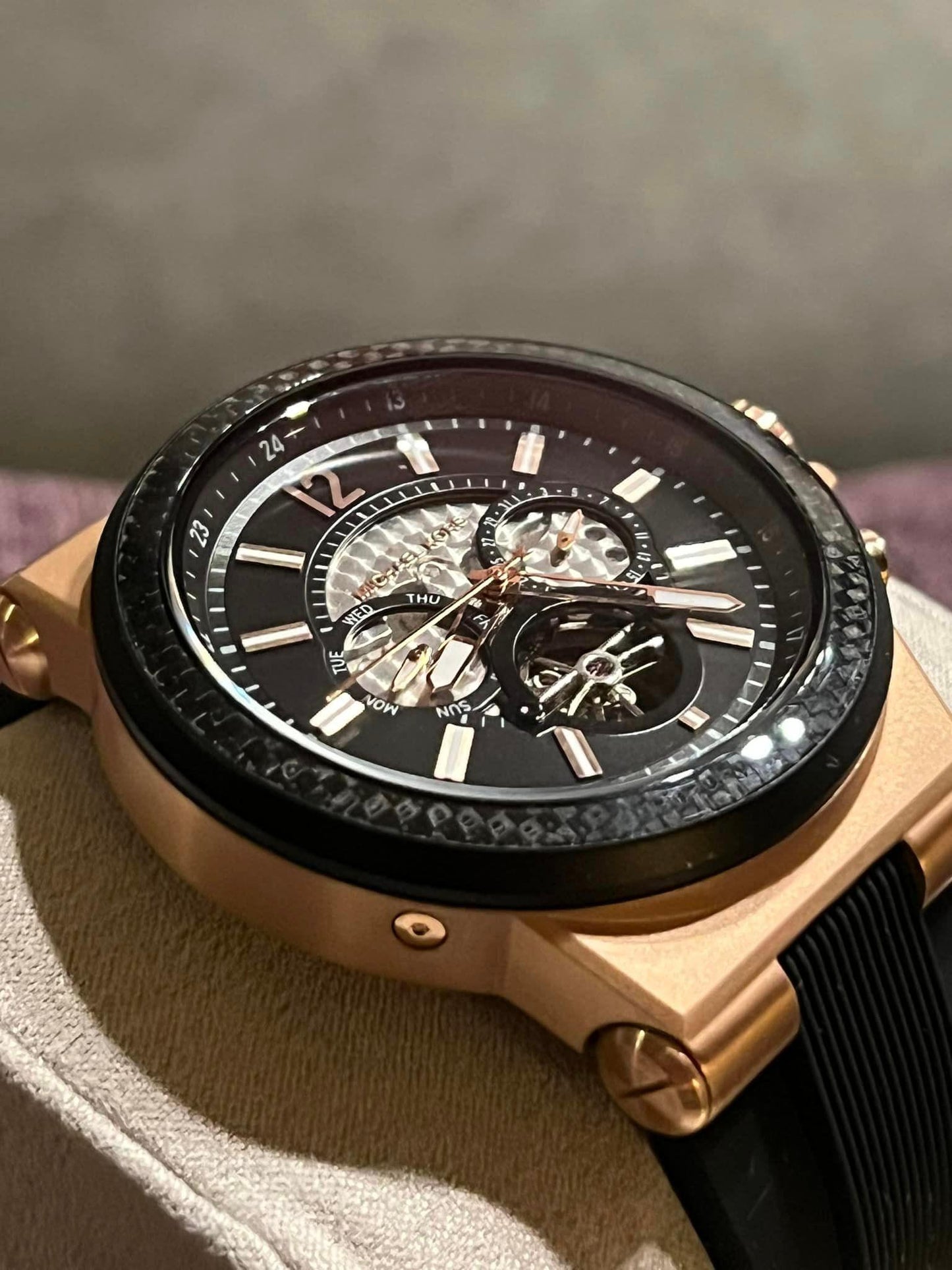 Michael Kors Men’s Dylan Automatic Rose Gold-Tone with Black Silicone Strap
