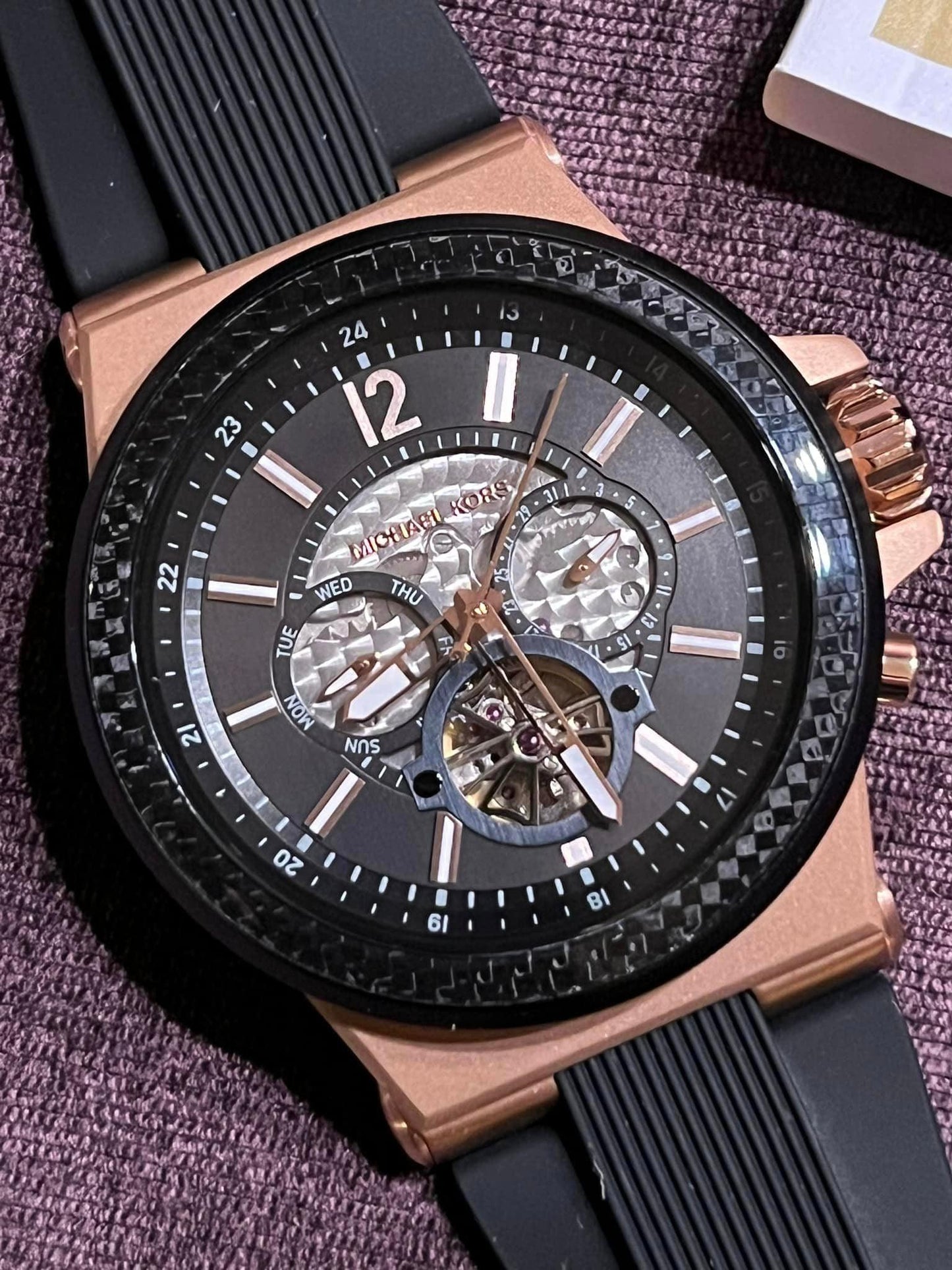 Michael Kors Men’s Dylan Automatic Rose Gold-Tone with Black Silicone Strap