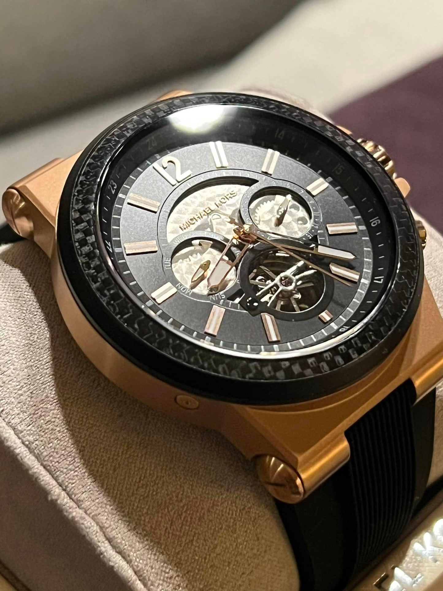 Michael Kors Men’s Dylan Automatic Rose Gold-Tone with Black Silicone Strap