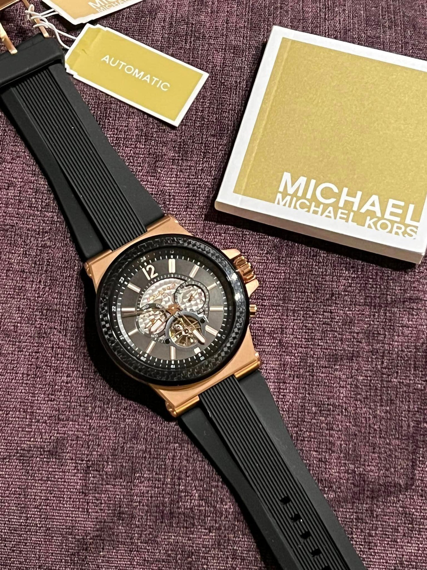 Michael Kors Men’s Dylan Automatic Rose Gold-Tone with Black Silicone Strap