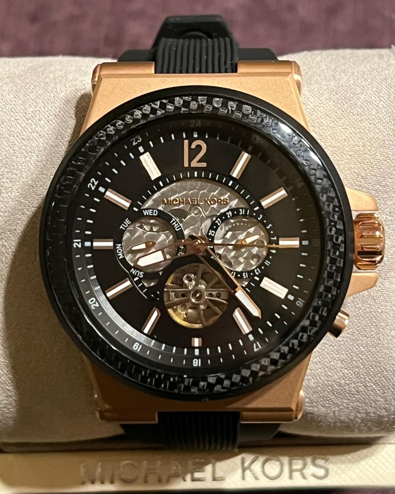 Michael Kors Men’s Dylan Automatic Rose Gold-Tone with Black Silicone Strap