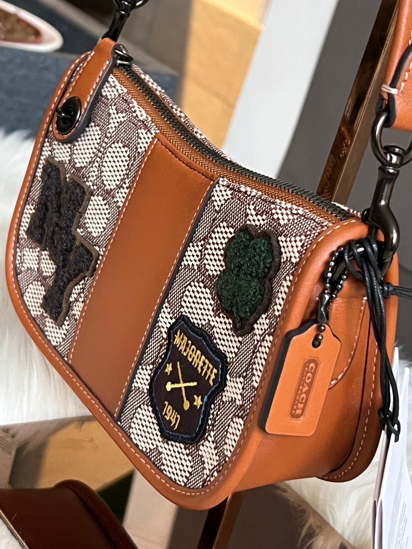 Coach Swinger 20 in Signature Jacquard with Varsity Patches