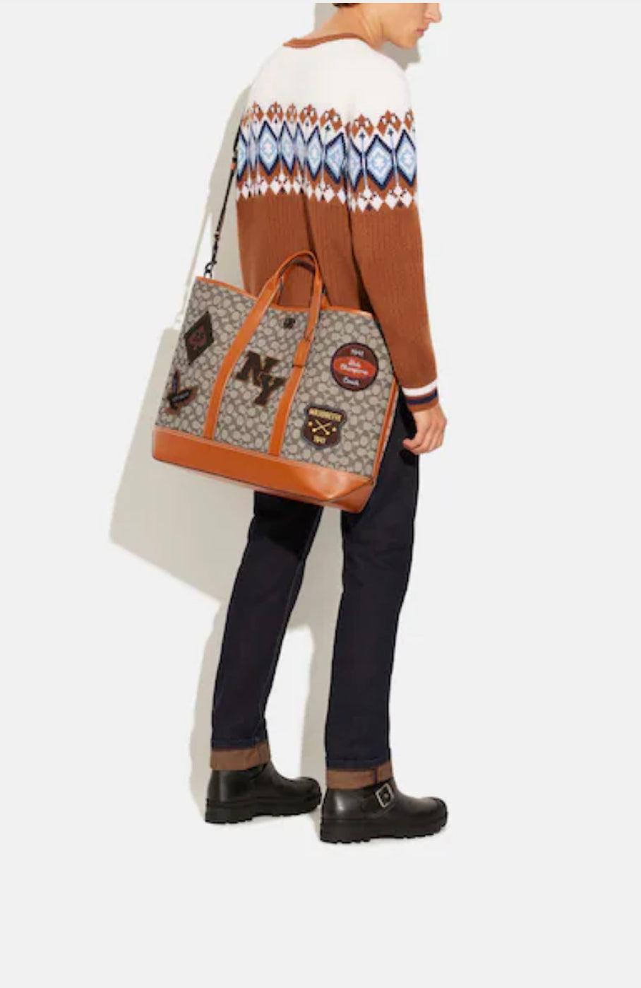 Coach Toby Turnlock Tote in Signature Textile Jacquard with Varsity Pa ...