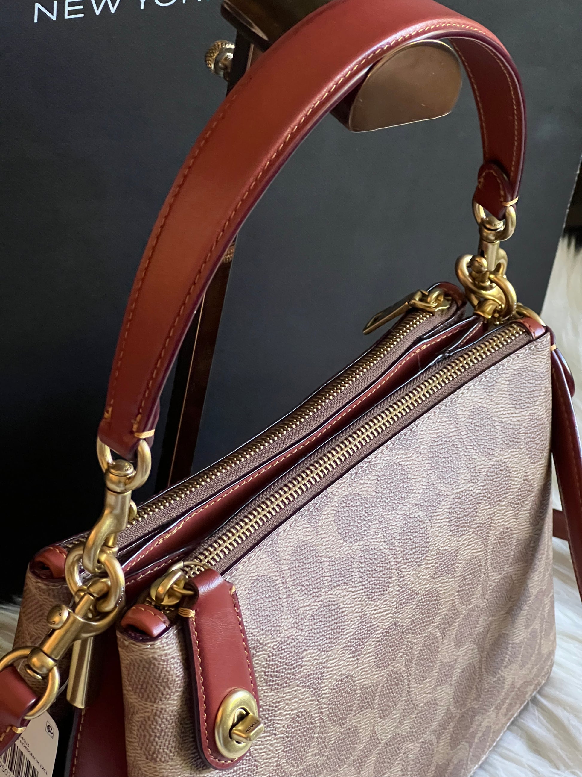 Coach Restored Double Zip Shoulder Bag in Signature Canvas - Women's Designer Purses - Brass/Tan Rust